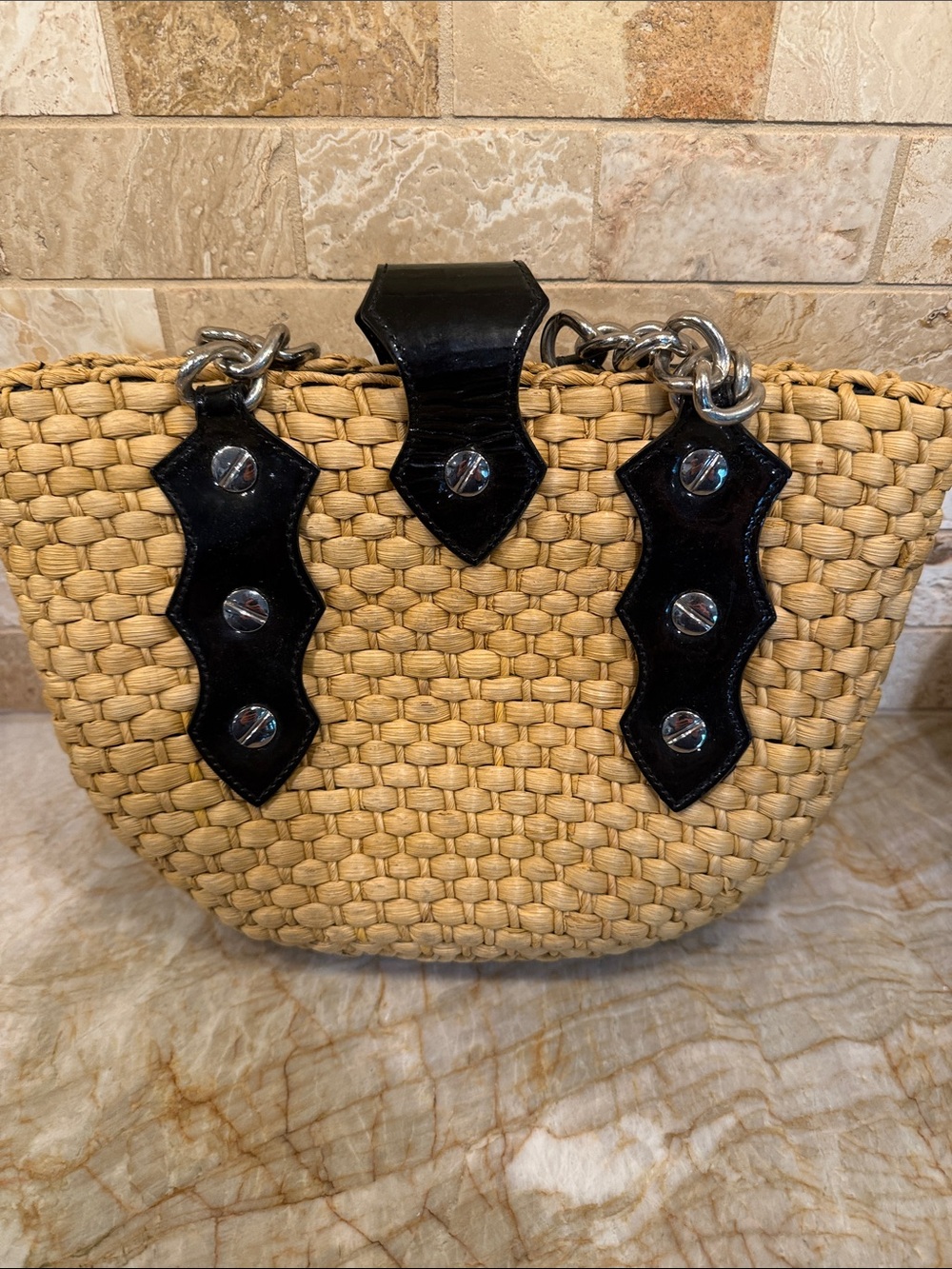 Michael Kors Natural Straw Tote with Black Patent Leather and Silver Chain - Picture 6 of 6